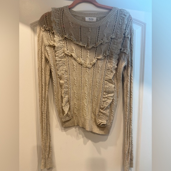 Bluivy Sweaters - Bluivy Lace-Ruffle Cable Knit Sweater - Beige